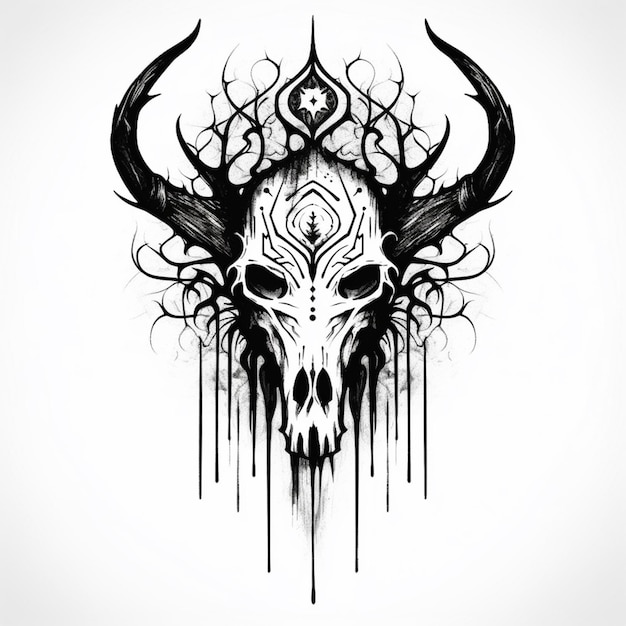 a black and white drawing of a skull with horns and a skull head generative ai