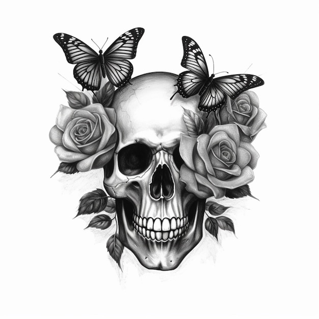 バラと蝶の頭蓋骨の白黒描画生成 AI