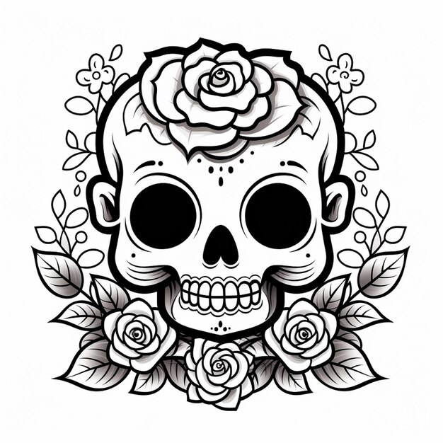 Photo a black and white drawing of a skull with roses generative ai