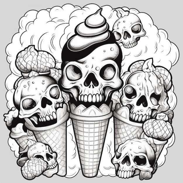 a black and white drawing of skulls eating ice cream cones generative ai
