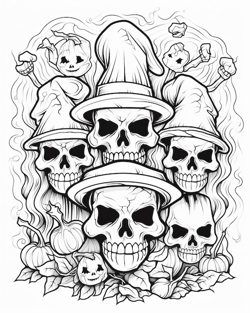 Photo a black and white drawing of skulls and witches with hats generative ai