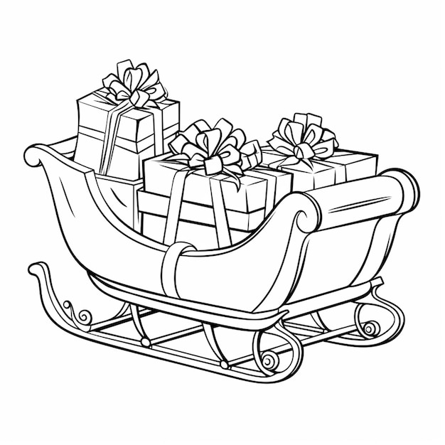 a black and white drawing of a sleigh with presents on it generative ai