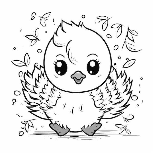 a black and white drawing of a small bird with leaves around it generative ai