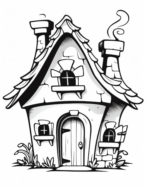 a black and white drawing of a small house with a chimney generative ai