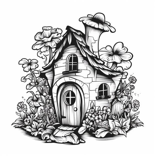 a black and white drawing of a small house with flowers generative ai