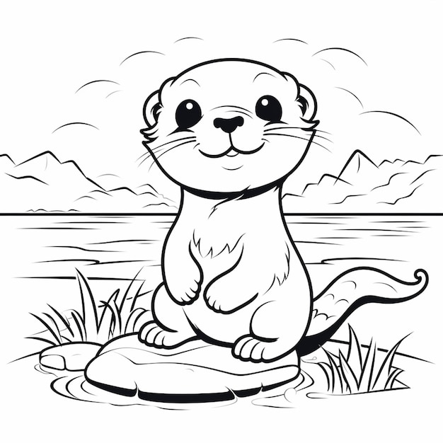 Photo a black and white drawing of a small otter sitting on a rock generative ai