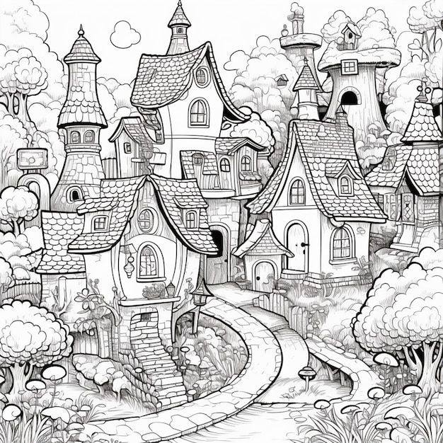 A black and white drawing of a small town with a pathway generative ai