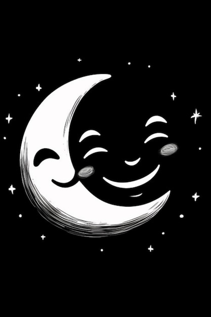 черно-белый рисунок улыбающейся луны с звездами