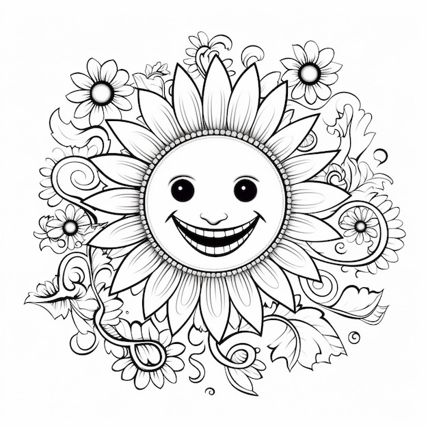 Photo a black and white drawing of a smiling sunflower with flowers generative ai