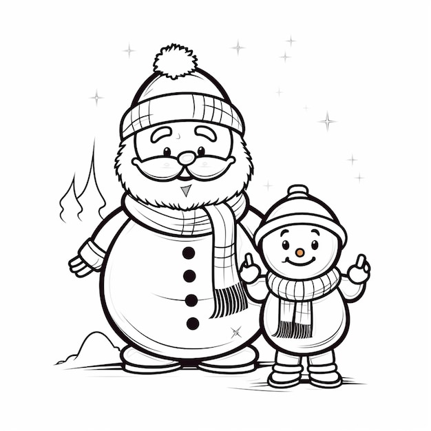 a black and white drawing of a snowman and a child generative ai