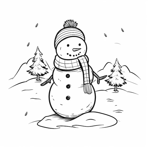 Черно-белый рисунок снеговика в снегу