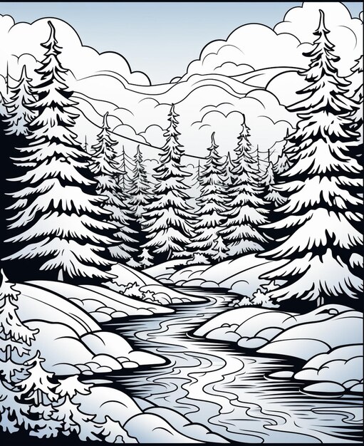 a black and white drawing of a snowy forest with a stream generative ai