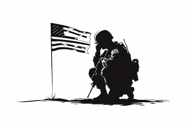 Photo a black and white drawing of a soldier silhouette honoring usa flag symbol of patriotism