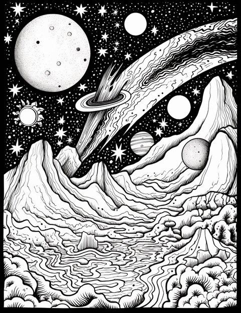 a black and white drawing of a space scene with a spaceship generativ ai