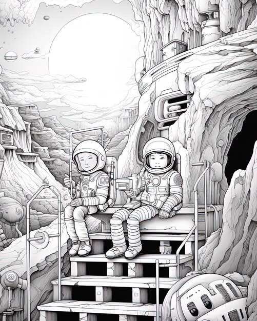 Photo a black and white drawing of a space ship with a astronaut on it