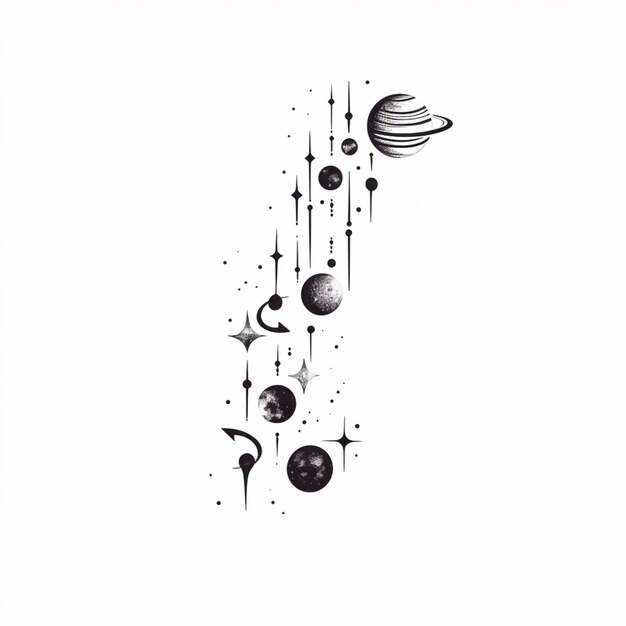 черно-белый рисунок космической станции с генеративным искусственным интеллектом планет и звезд