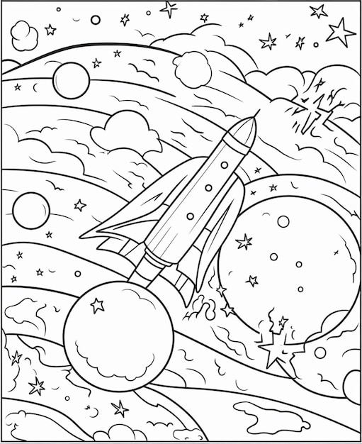 A black and white drawing of a spaceship flying through space.