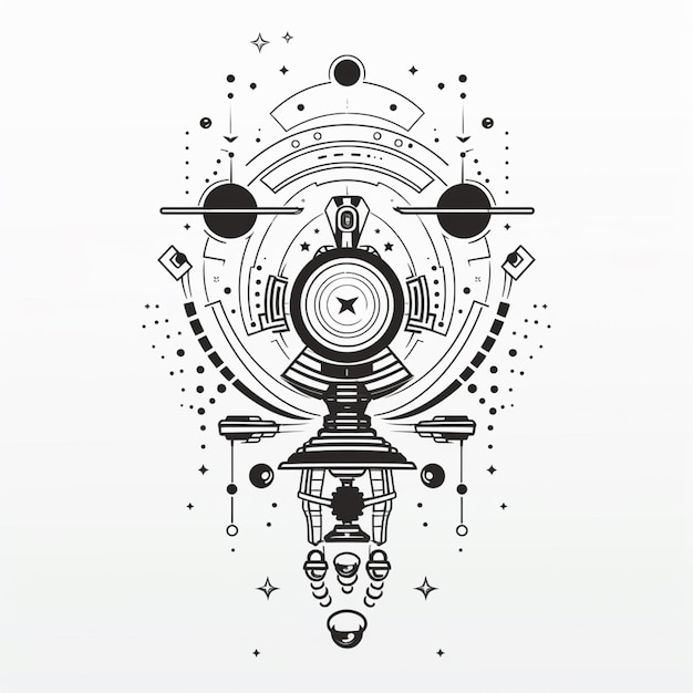 a black and white drawing of a spaceship with a clock on it generative ai