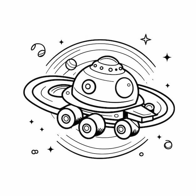 a black and white drawing of a spaceship with a saturn in the background generative ai