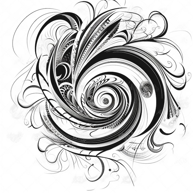 Black and white drawing of a spiral with a floral pattern.