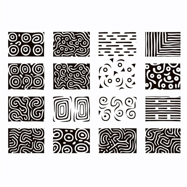 A black and white drawing of a square pattern with different designs generative ai