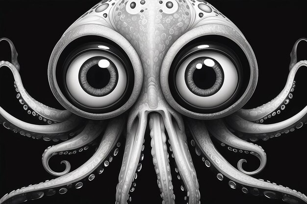 A black and white drawing of a squid with big eyes generative ai