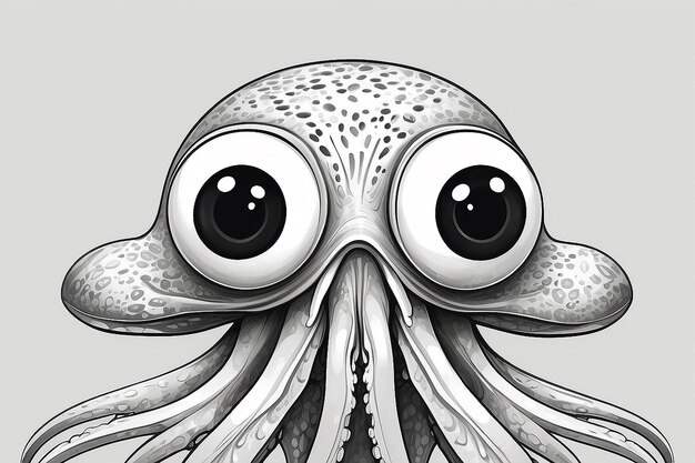 A black and white drawing of a squid with big eyes generative ai