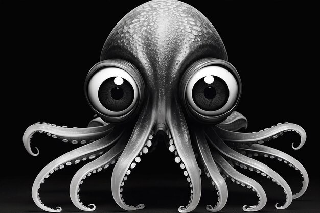 A black and white drawing of a squid with big eyes generative ai