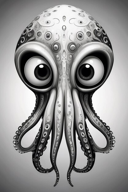 A black and white drawing of a squid with big eyes generative ai