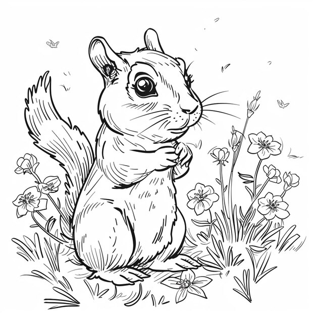 a black and white drawing of a squirrel in a field of flowers generative ai