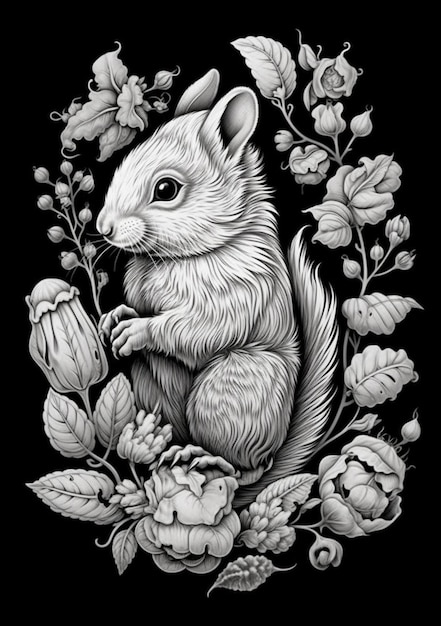 a black and white drawing of a squirrel surrounded by flowers generative ai