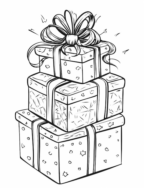 a black and white drawing of a stack of presents with a bow generative ai