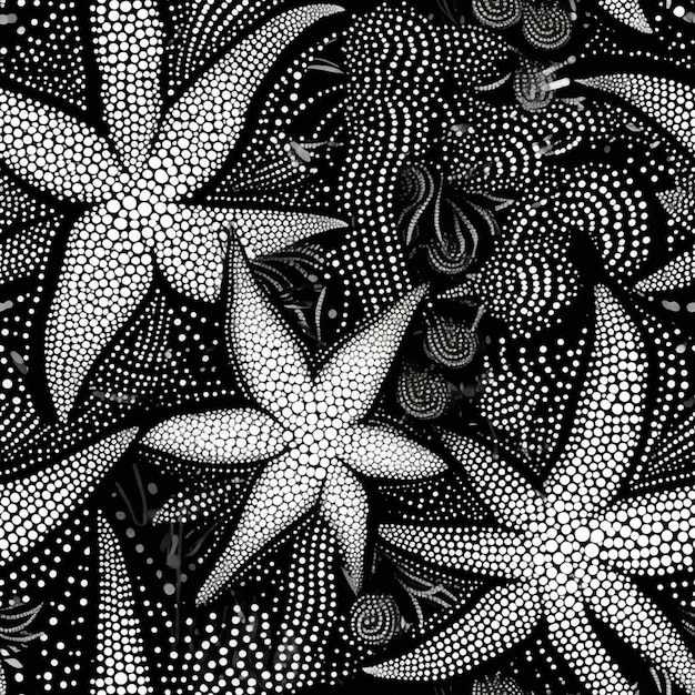 a black and white drawing of stars and swirls on a black background generative ai