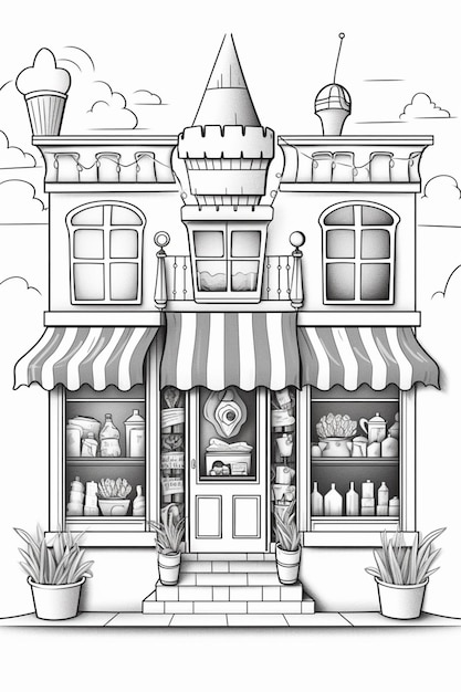 a black and white drawing of a store front with a clock tower generative ai