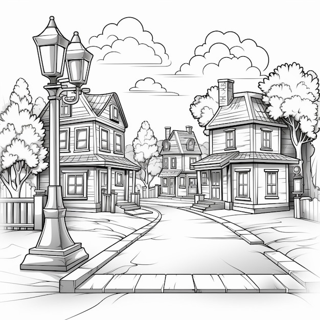 a black and white drawing of a street with houses and a lamppost generative ai