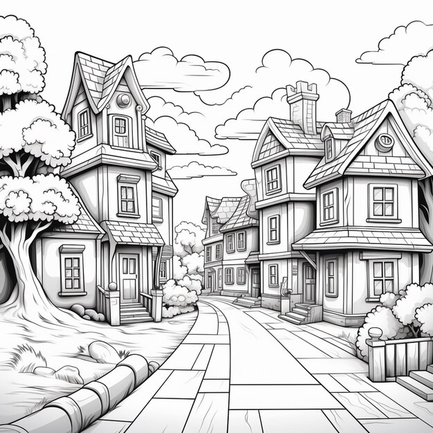 a black and white drawing of a street with houses and trees generative ai
