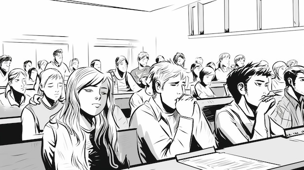 A black and white drawing of students in a classroom.