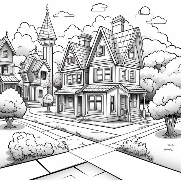 Photo a black and white drawing of a suburban neighborhood with a church generative ai