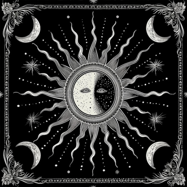 a black and white drawing of a sun and moon with a human eye generative ai