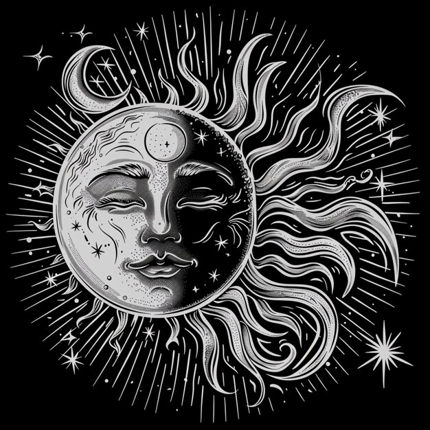 Photo a black and white drawing of a sun and moon with stars generative ai