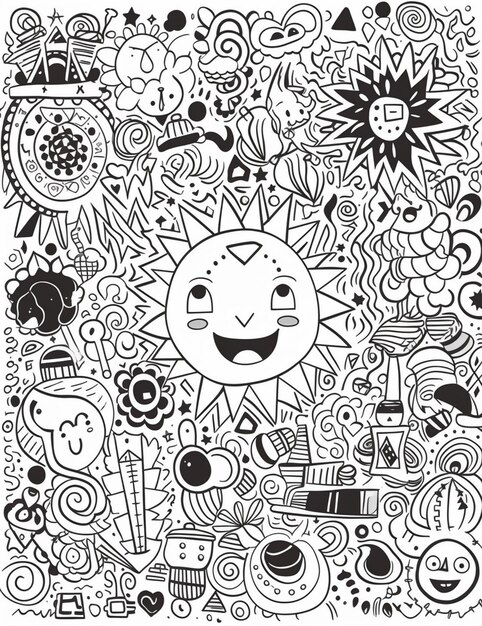 Photo a black and white drawing of a sun surrounded by doodles generative ai