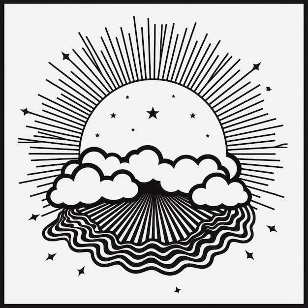 Photo a black and white drawing of a sun with clouds and stars generative ai