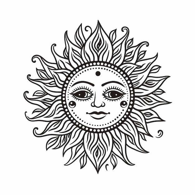 a black and white drawing of a sun with a face generative ai