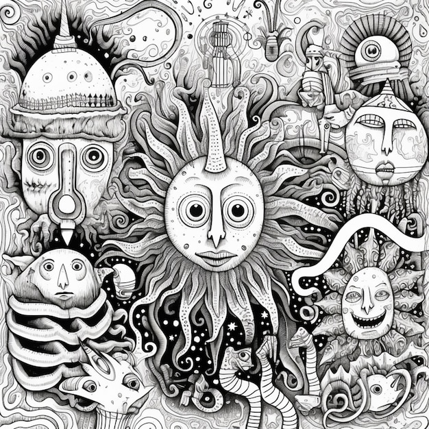 Черно-белый рисунок солнца с множеством лиц