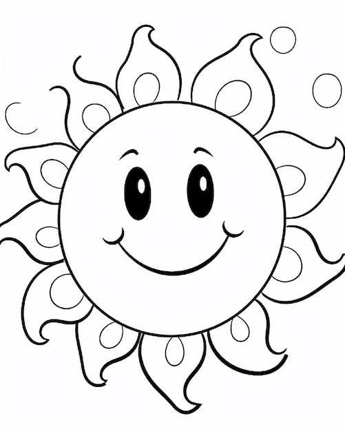 a black and white drawing of a sun with a smiley face