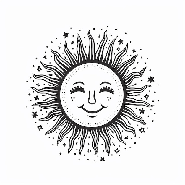 a black and white drawing of a sun with stars around it generative ai