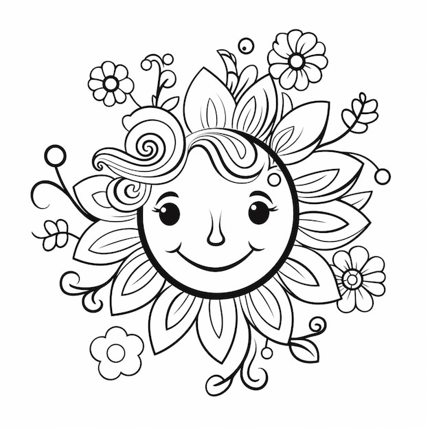 a black and white drawing of a sunflower with a face generative ai