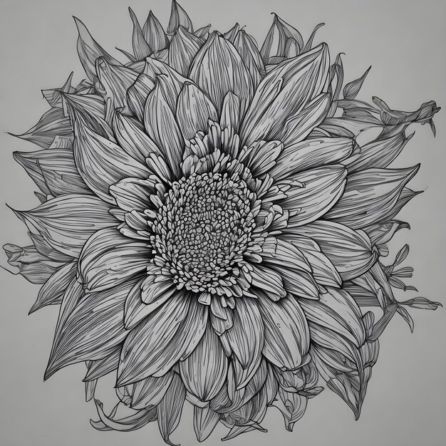 a black and white drawing of a sunflower with a large flower in the middle
