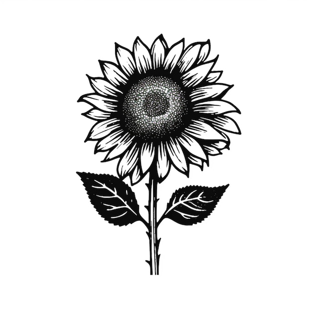 Foto un disegno in bianco e nero di un girasole con foglie generative ai