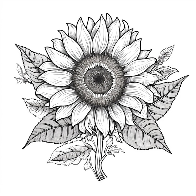 A black and white drawing of a sunflower with leaves generative ai